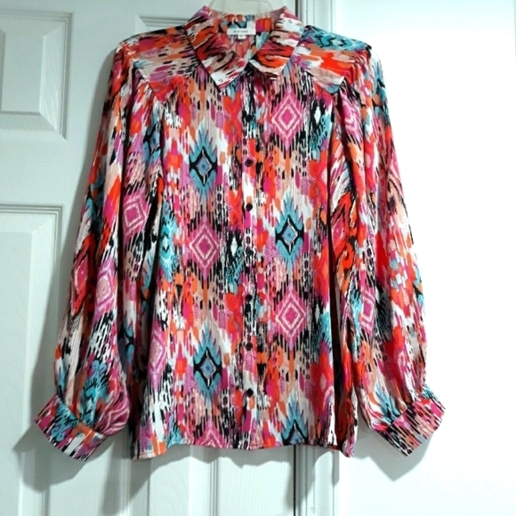Pleione Tops - Pleione Shirt multicolor Long-Sleeve Top Button Down Blouse Size Medium